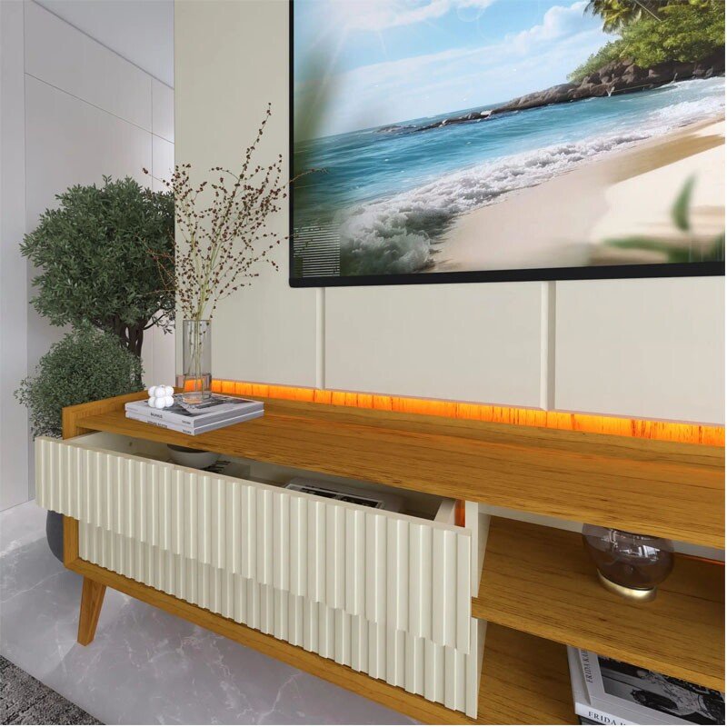 Rack Magnífico 212 Larg. 2.18m + Painel Magnífico 220 Nature/Off C/LED e Detalhe Ripado - Gelius - Imagem 3