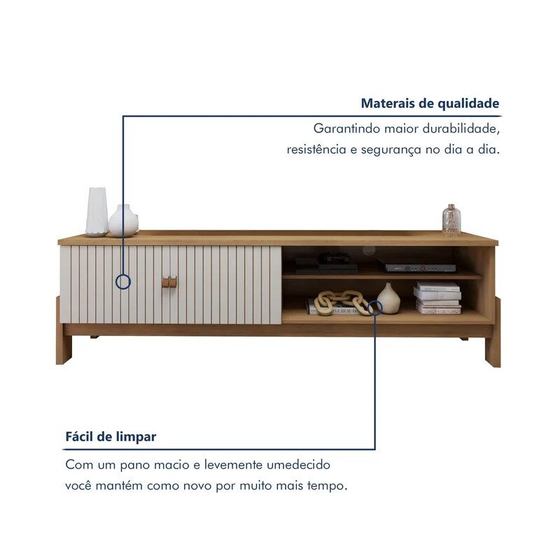 Rack Bancada Ouro Preto Larg. 1.64m Cinamomo/Off C/Detalhe Frisado para TV até 65" - Valdemóveis - Imagem 2
