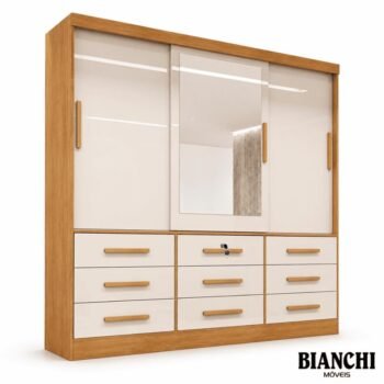 Roupeiro Casal Turim Nature/Off 3 Portas 9 Gavetas C/ 1 Espelho 100% MDF Larg. 2.11 - Bianchi