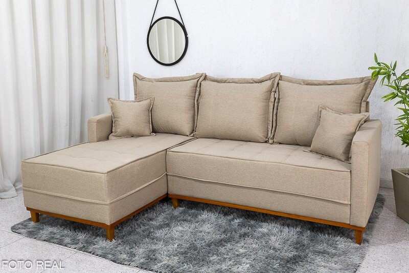 Sofá 3 Lug. Milão C/Chaise Lado Direito Linho Bege 1006 Larg. 2.30m - Molas Ensacadas