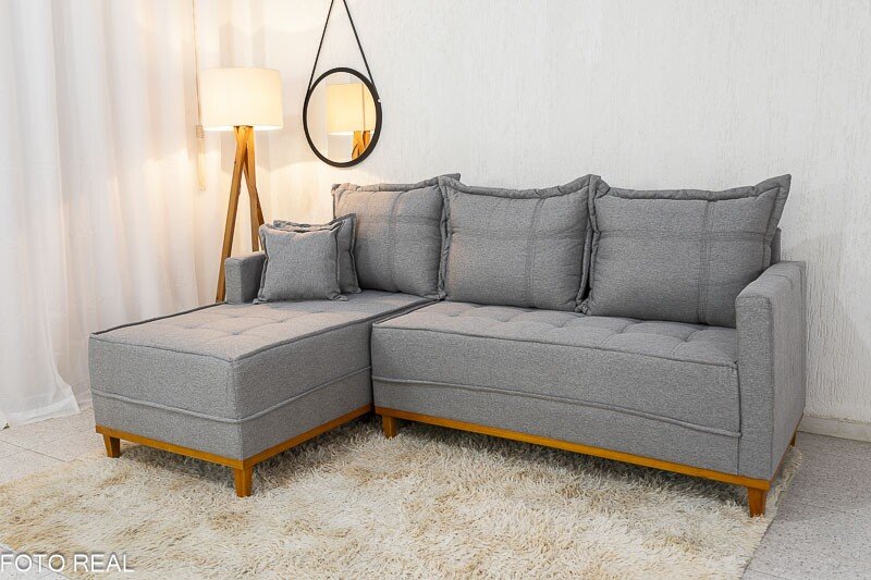 Sofá 3 Lug. Milão C/Chaise Lado Direito Linho Cinza 1008 Larg. 2.30m - Molas Ensacadas