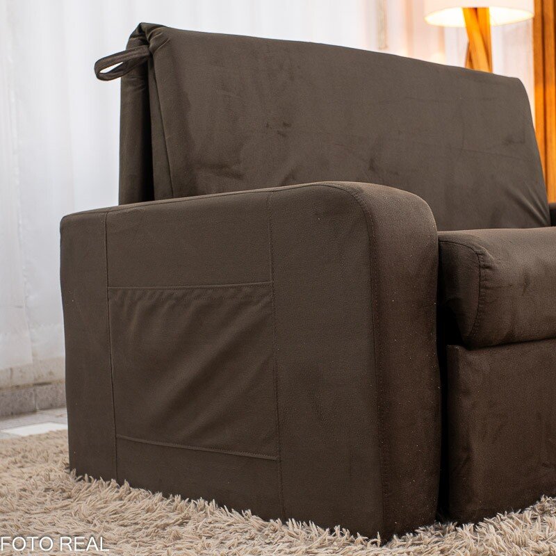 Sofá Cama Daiane Larg. 1.40m C/Baú Veludinho Marrom 256 - Imagem 11