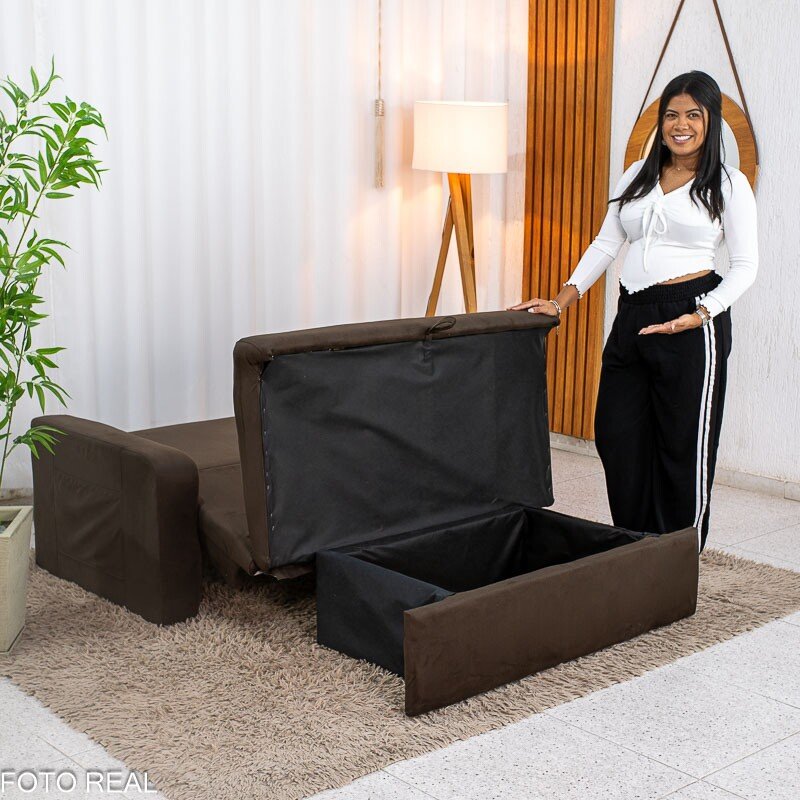 Sofá Cama Daiane Larg. 1.40m C/Baú Veludinho Marrom 256 - Imagem 3