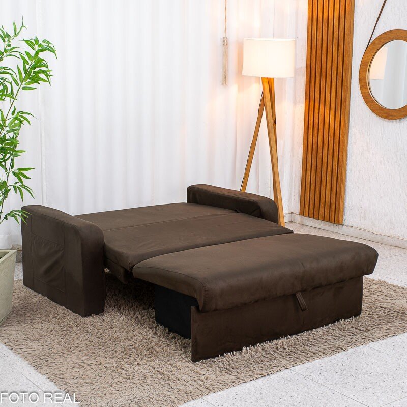 Sofá Cama Daiane Larg. 1.40m C/Baú Veludinho Marrom 256 - Imagem 6