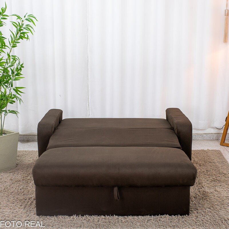Sofá Cama Daiane Larg. 1.40m C/Baú Veludinho Marrom 256 - Imagem 7