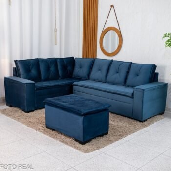 Sofá Canto 5 lugares com Puff Alemanha Veludo Azul A16