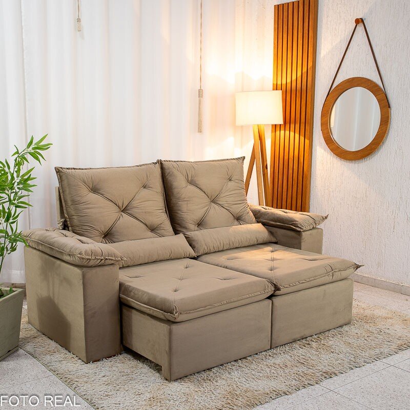 Sofá Retrátil Reclinável City 1.95m Veludo Bege - D28