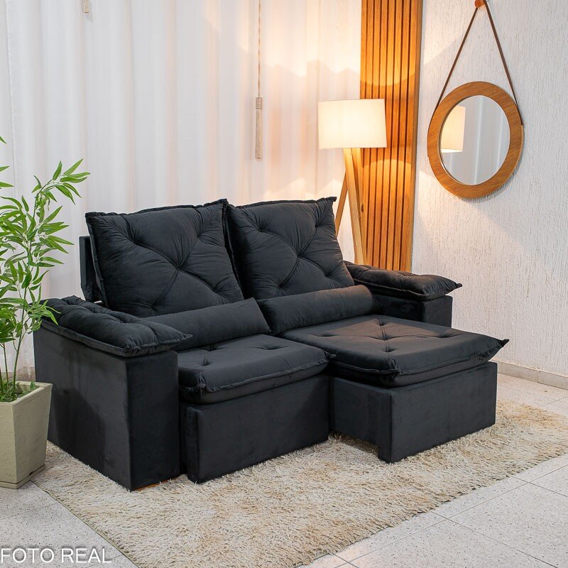 Sofá Retrátil Reclinável City 1.95m Veludo Preto - D28 - Imagem 4