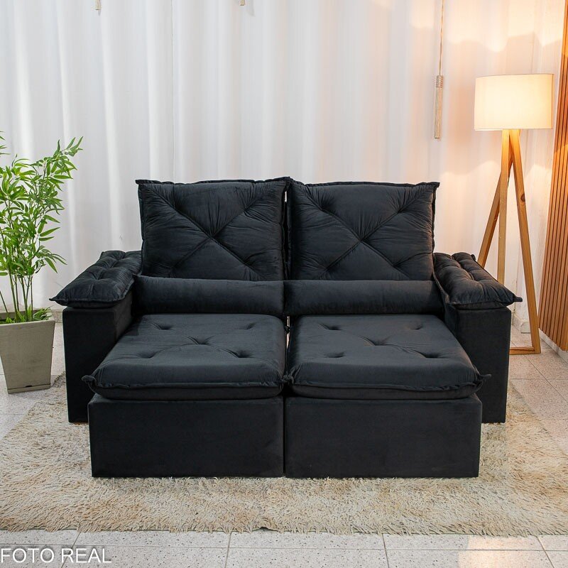 Sofá Retrátil Reclinável City 1.95m Veludo Preto - D28 - Imagem 5