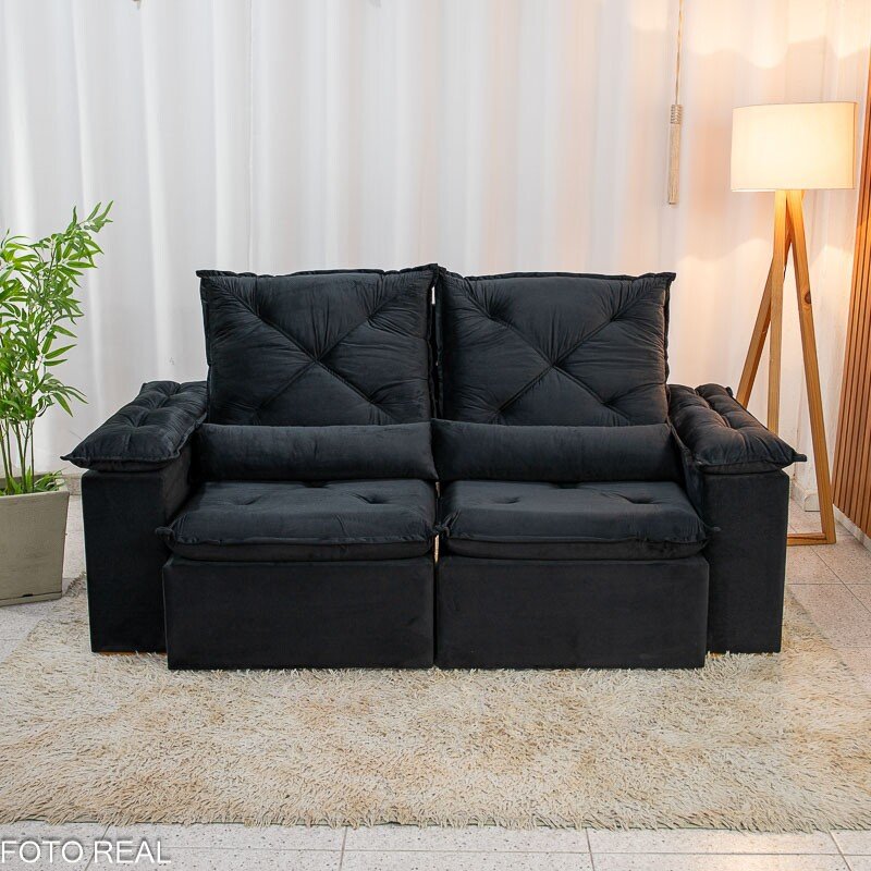 Sofá Retrátil Reclinável City 1.95m Veludo Preto - D28 - Imagem 6