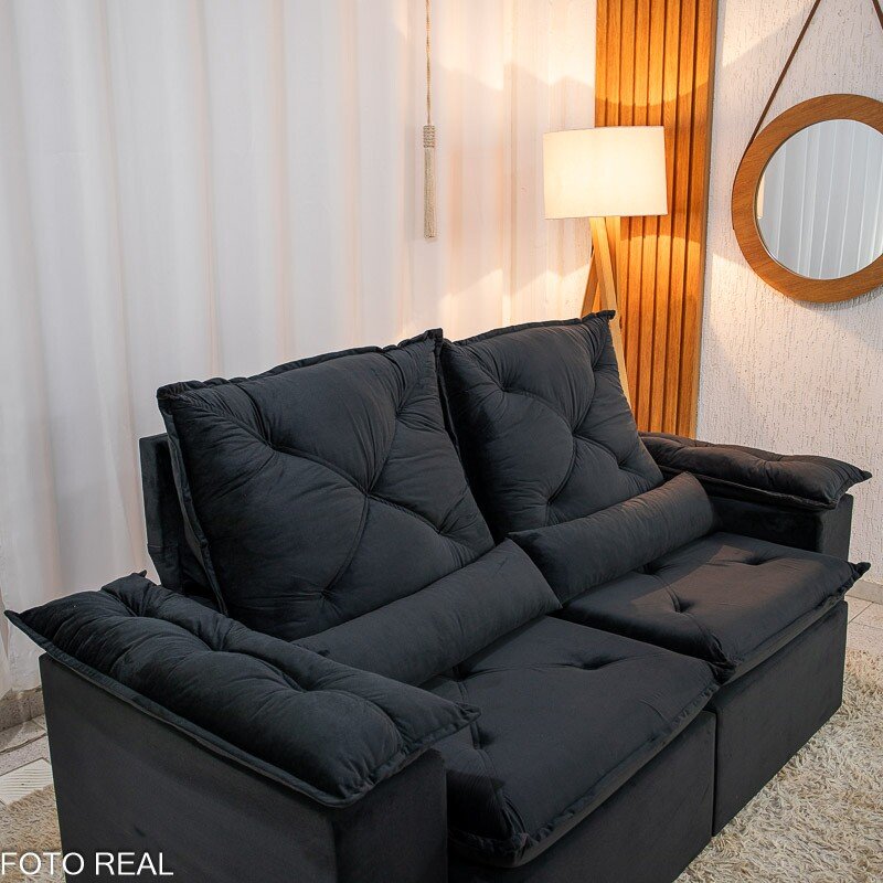 Sofá Retrátil Reclinável City 1.95m Veludo Preto - D28 - Imagem 7
