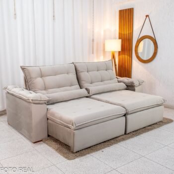 Sofá Retrátil Reclinável Emanuelly 2.50m Veludo Capuccino 02