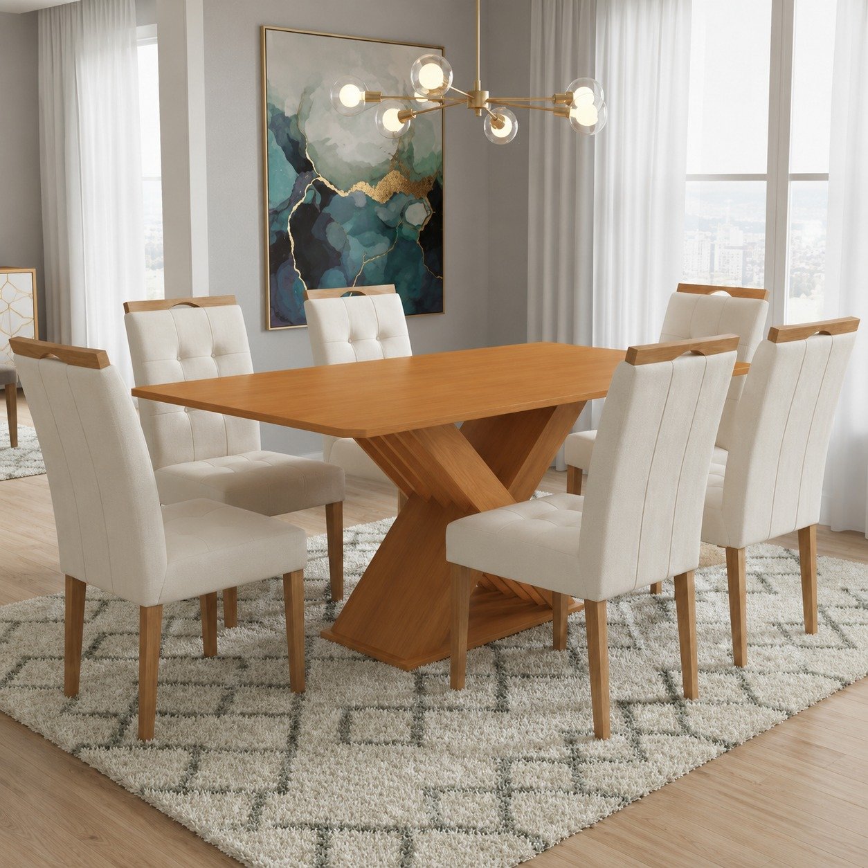 Mesa Graviola BA29 160 (S/Vidro) Canela com 6 Cadeiras Sophia Linho Bege 200 – KAPPESBERG + WM DECOR