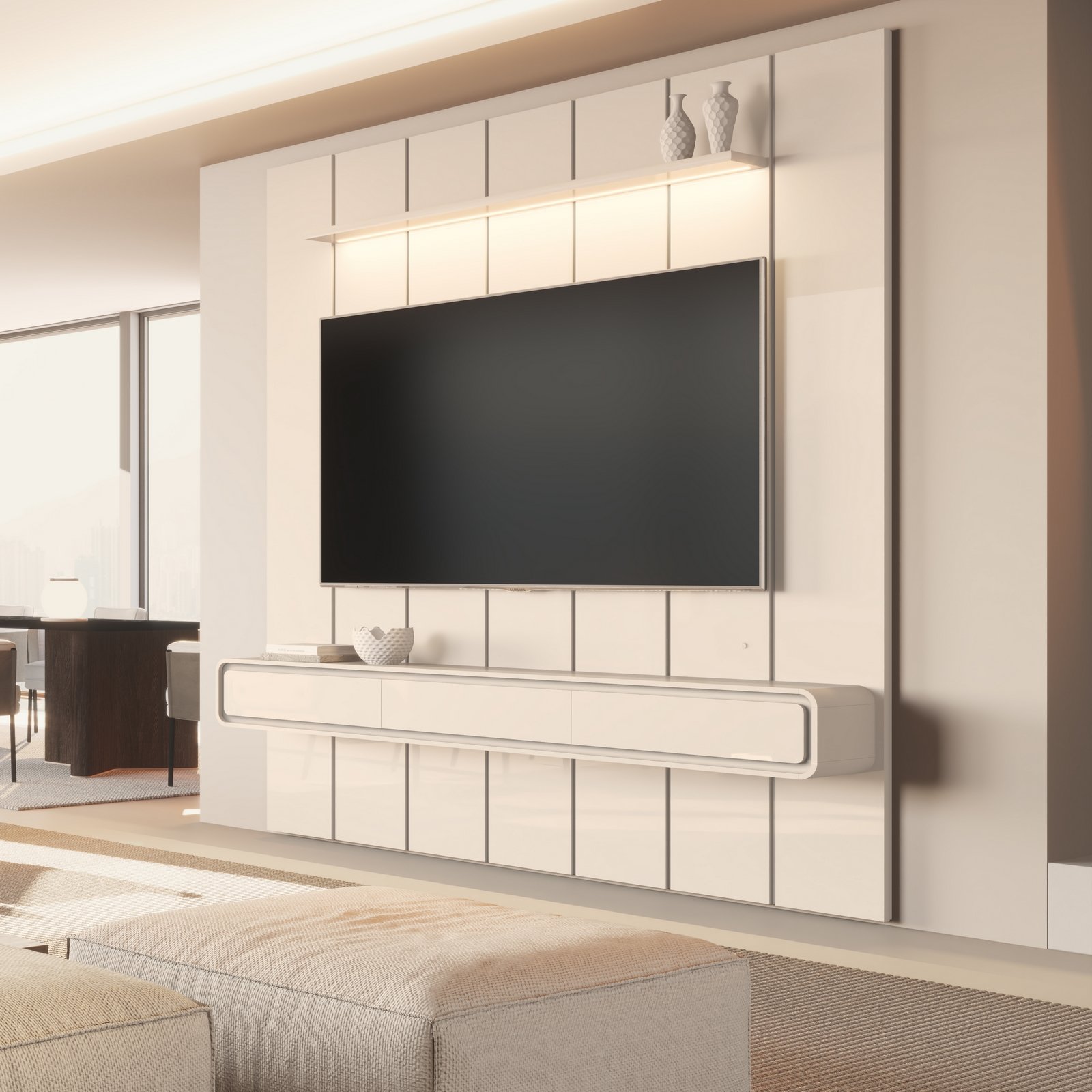 Painel até 75″ Lumi 2,19 m Off White + Nicho Liv 2,18 m Off White – EDN MÓVEIS