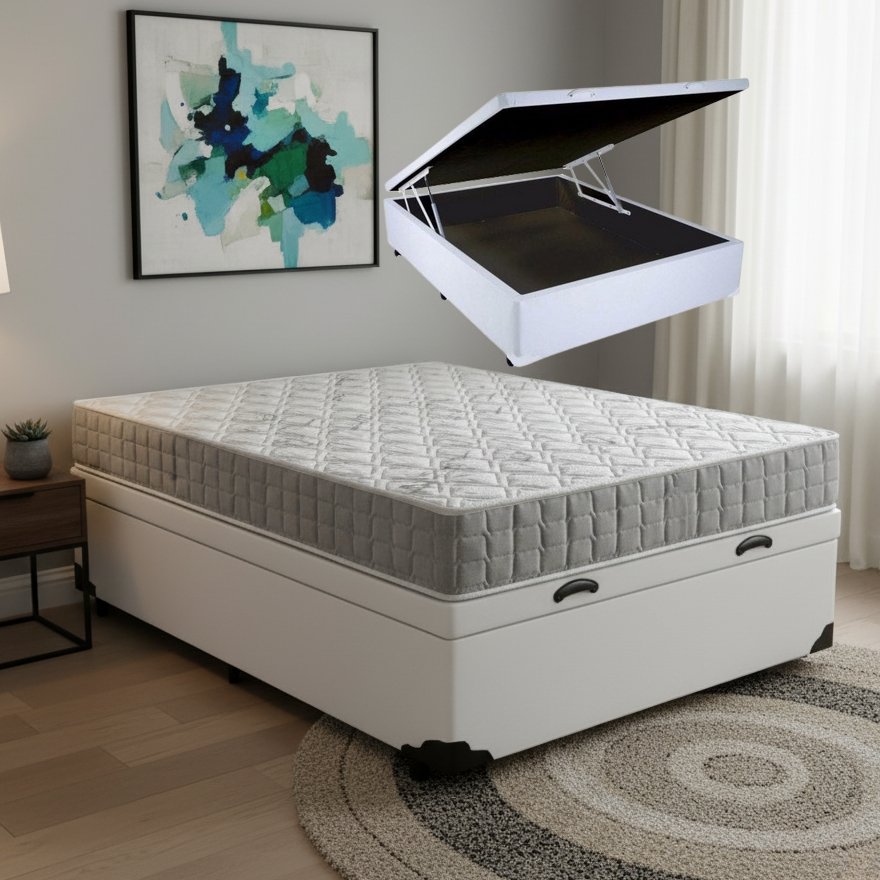 Colchão Casal Orthosono 18 cm D33 + Base Baú Corino Branco – ANJOS + ALTO NÍVEL