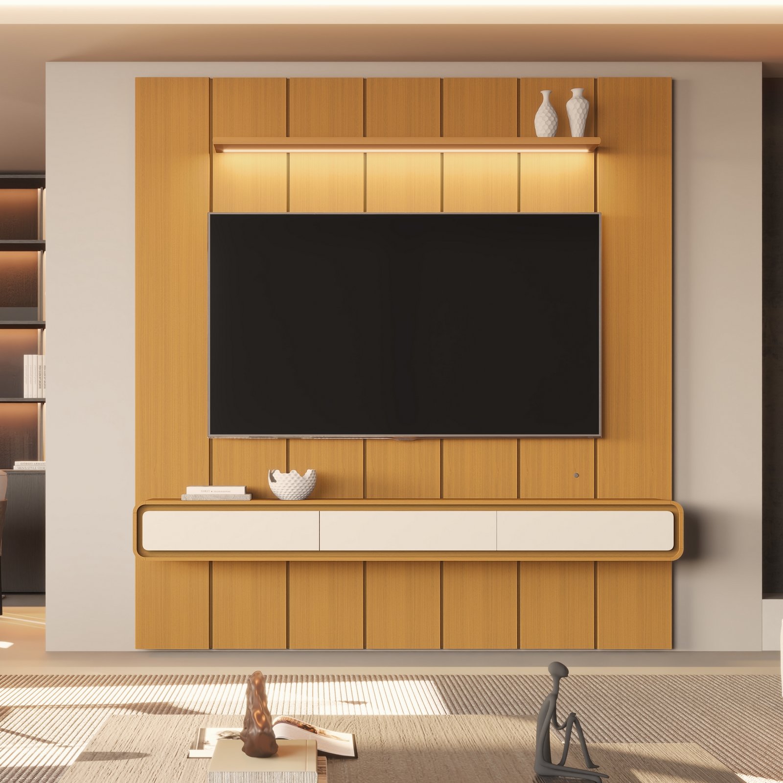 Painel até 75″ Lumi 2,19 m Cedro + Nicho Liv 2,18 m Cedro/Off White – EDN MÓVEIS - Imagem 3