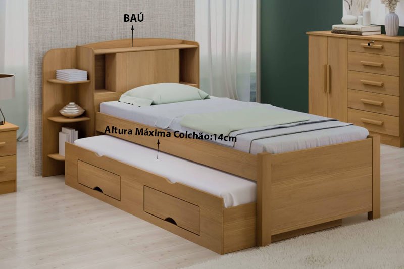 Cama Solteiro Milênio + Cama Auxiliar Solteiro 2 Gavetas Cinamamo D Doro - Imagem 2