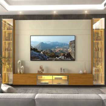 Home Luminare Reflect Larg. 2.93m Off White/Naturale C/LED e Espelho TV de até 85" - Gelius