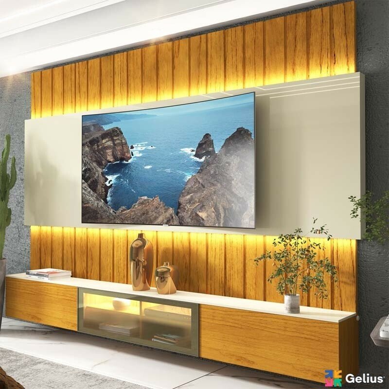 Home Suspenso Soberano Reflecta Larg. 2.30m Nature/Off C/Led 100% MDF para TV até 85" - Gelius