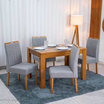 Mesa Athenas 120x80 Amêndoa Clean Tampo Maciço - Móveis Lopas + 4 Cad. Gabi Linho Cinza A Claro Madeira Maciça Entregue Montada - Bom Lar