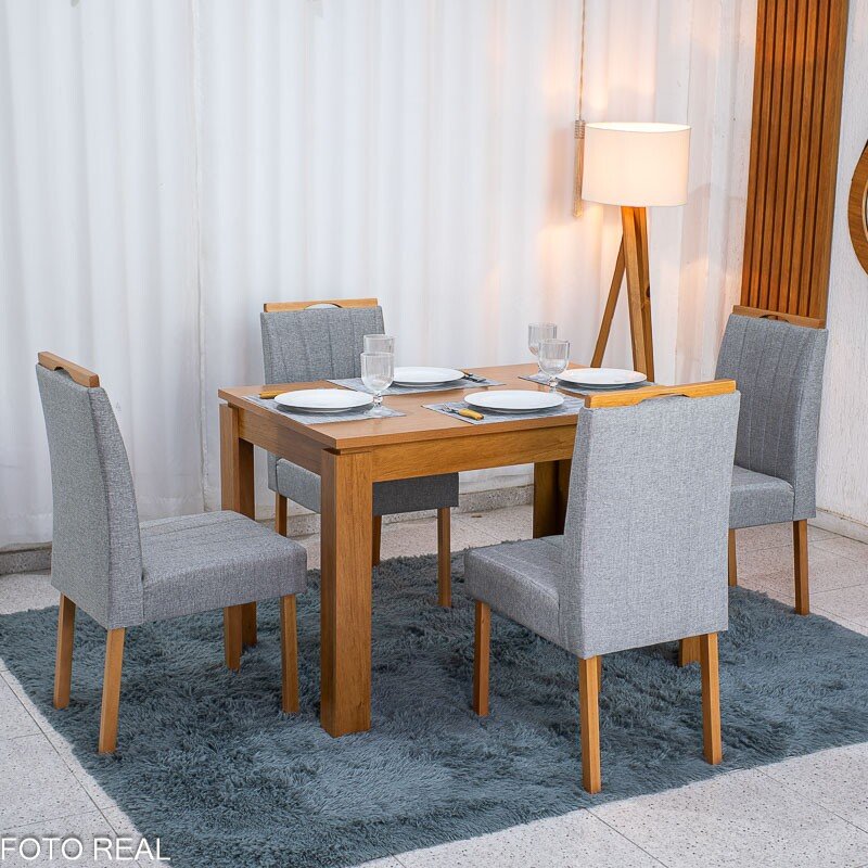 Mesa Athenas 120x80 Amêndoa Clean Tampo Maciço - Móveis Lopas + 4 Cad. Gabi Linho Cinza A Claro Madeira Maciça Entregue Montada - Bom Lar - Imagem 3