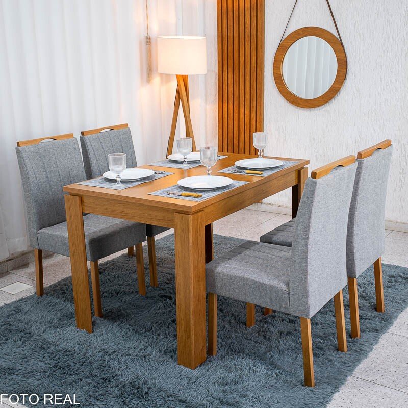Mesa Athenas 120x80 Amêndoa Clean Tampo Maciço - Móveis Lopas + 4 Cad. Gabi Linho Cinza A Claro Madeira Maciça Entregue Montada - Bom Lar - Imagem 4