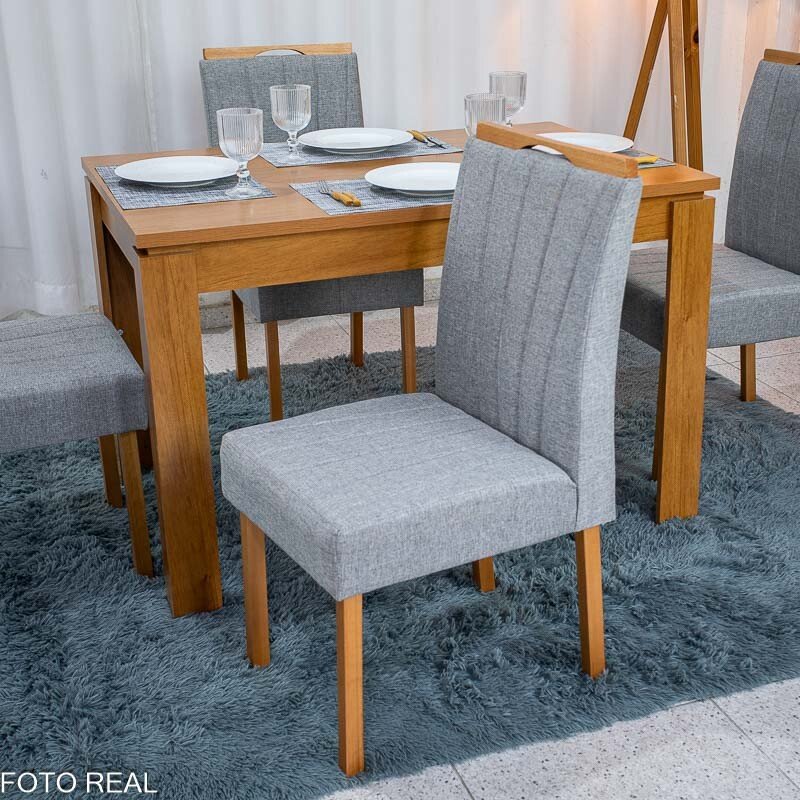 Mesa Athenas 120x80 Amêndoa Clean Tampo Maciço - Móveis Lopas + 4 Cad. Gabi Linho Cinza A Claro Madeira Maciça Entregue Montada - Bom Lar - Imagem 5