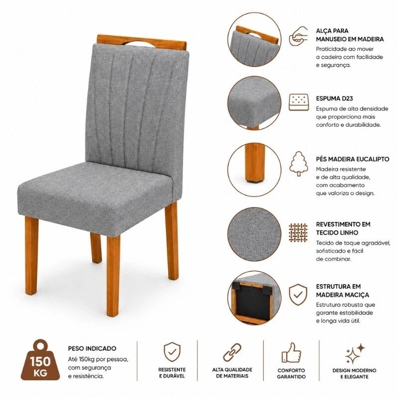 Mesa Athenas 120x80 Amêndoa Clean Tampo Maciço - Móveis Lopas + 4 Cad. Gabi Linho Cinza A Claro Madeira Maciça Entregue Montada - Bom Lar - Imagem 8