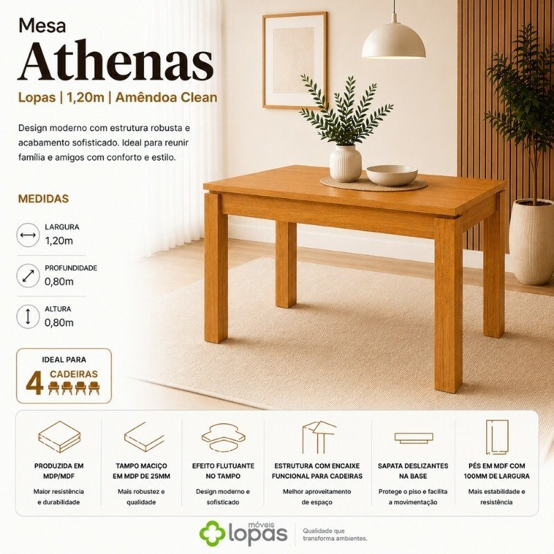 Mesa Athenas 120x80 Amêndoa Clean Tampo Maciço - Móveis Lopas + 4 Cad. Gabi Linho Cinza A Claro Madeira Maciça Entregue Montada - Bom Lar - Imagem 13