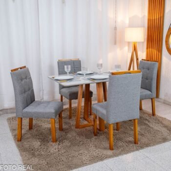 Mesa de Jantar Bali 120×80 Vidro Off/Base Madeira + 4 Cad. Londres Linho Cinza Madeira Minas Plac - Entregue Montada