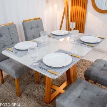 Alternative view of Mesa de Jantar Bali 120×80 Vidro Off/Base Madeira + 4 Cad. Londres Linho Cinza Madeira Minas Plac - Entregue Montada