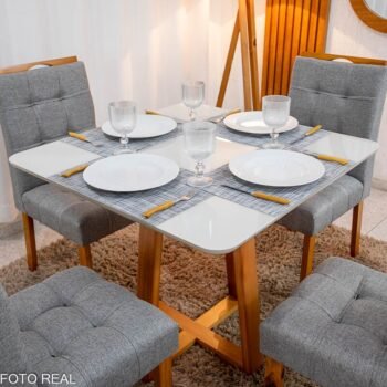 Alternative view of Mesa de Jantar Bali 90×90 Vidro Off/Base Madeira + 4 Cad. Londres Linho Cinza Madeira Minas Plac - Entregue Montada