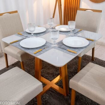Alternative view of Mesa de Jantar Bali 90×90 Vidro Off/Base Madeira Minas Plac + 4 Cad. Isabela Linho Bege 01 Madeira KM Decor - Entregue Montada