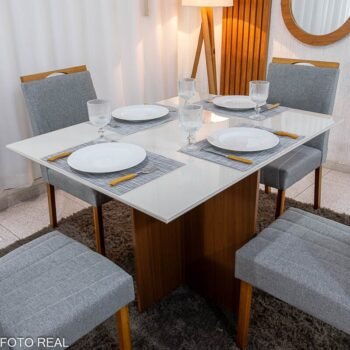 Alternative view of Mesa de Jantar Helo 120×90 Vidro Off/Base Mel Poliman + 4 Cad. Isabela Linho Cinza 05 Madeira Maciça KM Decor - Entregue Montada