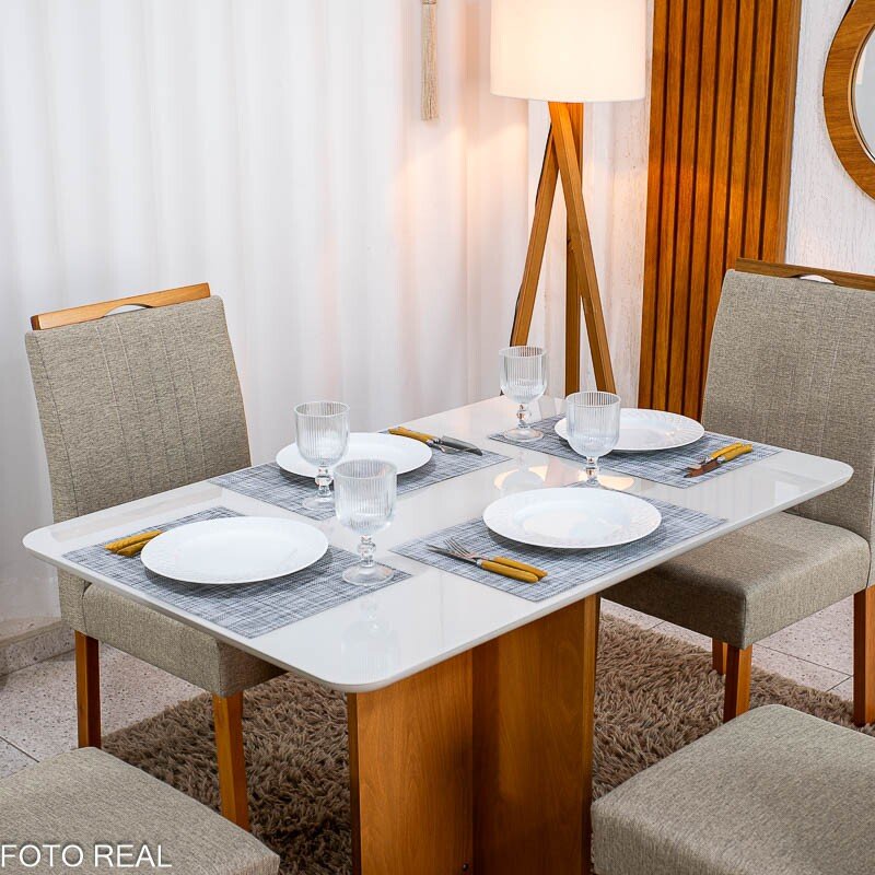 Mesa de Jantar Moscou 120x80 Cinamomo/Vidro Off + 4 Cad. Atlanta Linho Bege Madeira Maciça Minas Plac - Entregue Montada - Imagem 2