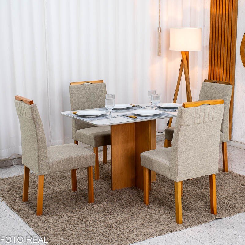 Mesa de Jantar Moscou 120x80 Cinamomo/Vidro Off + 4 Cad. Atlanta Linho Bege Madeira Maciça Minas Plac - Entregue Montada - Imagem 3