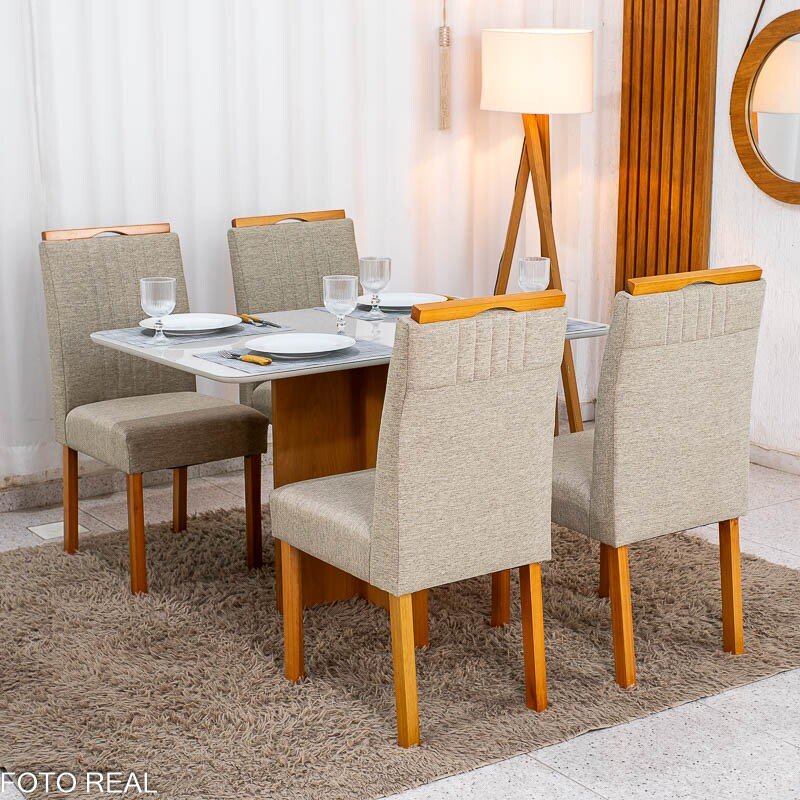Mesa de Jantar Moscou 120x80 Cinamomo/Vidro Off + 4 Cad. Atlanta Linho Bege Madeira Maciça Minas Plac - Entregue Montada - Imagem 4