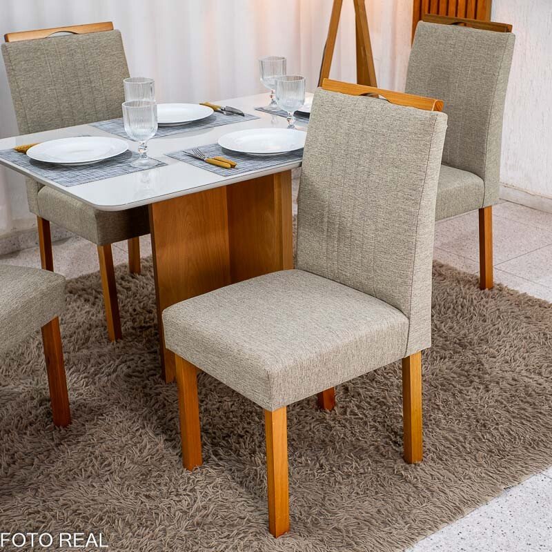 Mesa de Jantar Moscou 120x80 Cinamomo/Vidro Off + 4 Cad. Atlanta Linho Bege Madeira Maciça Minas Plac - Entregue Montada - Imagem 5