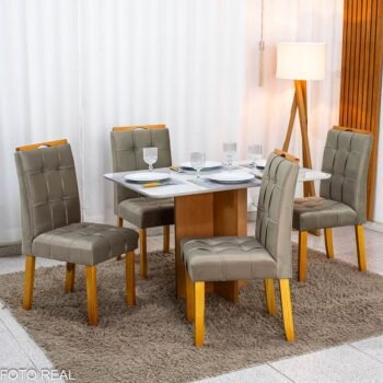 Mesa de Jantar Moscou 120x80 Cinamomo/Vidro Off + 4 Cad. Londres Veludo Avelã Madeira Maciça Minas Plac - Entregue Montada
