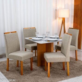 Mesa de Jantar Moscou 90x90 Vidro Off/Base Cinamomo + 4 Cad. Atlanta Linho Bege Cru Madeira Minas Plac - Entregue Montada