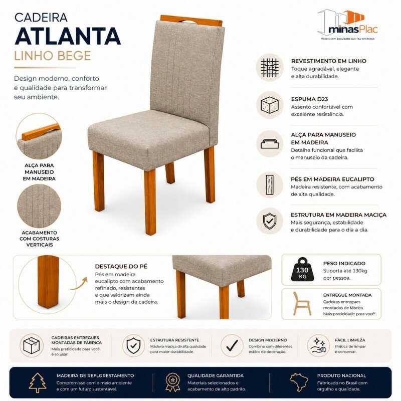 Mesa de Jantar Moscou 90x90 Vidro Off/Base Cinamomo + 4 Cad. Atlanta Linho Bege Cru Madeira Minas Plac - Entregue Montada - Imagem 12