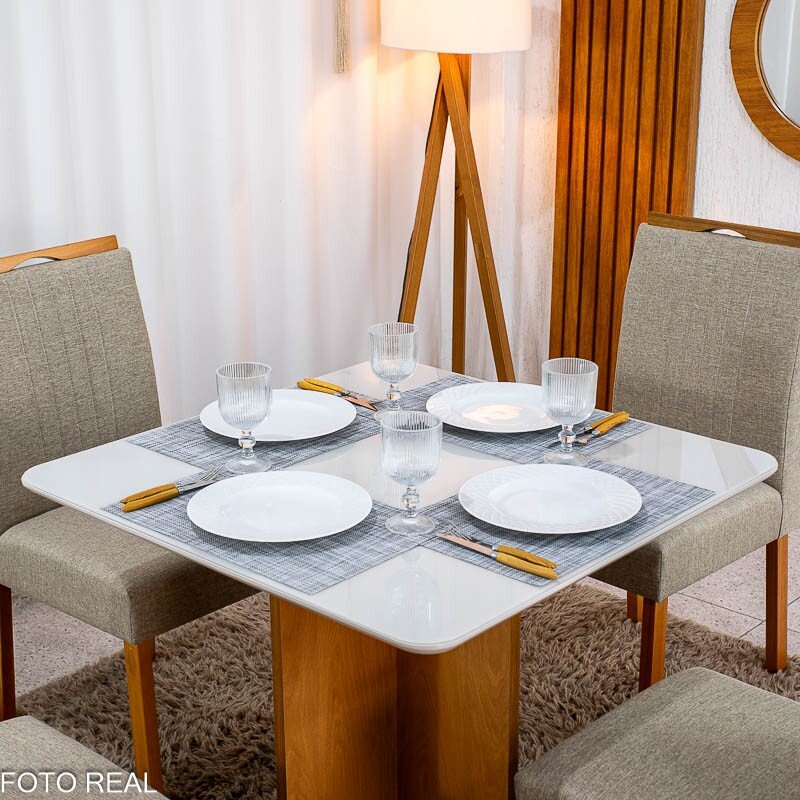 Mesa de Jantar Moscou 90x90 Vidro Off/Base Cinamomo + 4 Cad. Atlanta Linho Bege Cru Madeira Minas Plac - Entregue Montada - Imagem 2