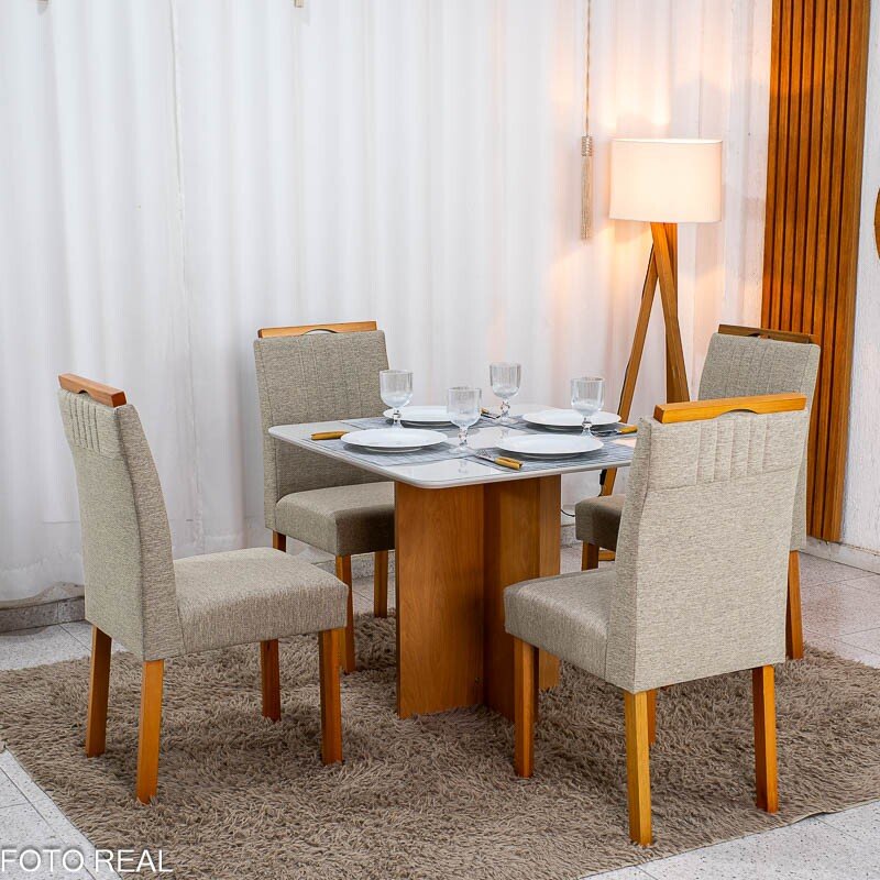 Mesa de Jantar Moscou 90x90 Vidro Off/Base Cinamomo + 4 Cad. Atlanta Linho Bege Cru Madeira Minas Plac - Entregue Montada - Imagem 3