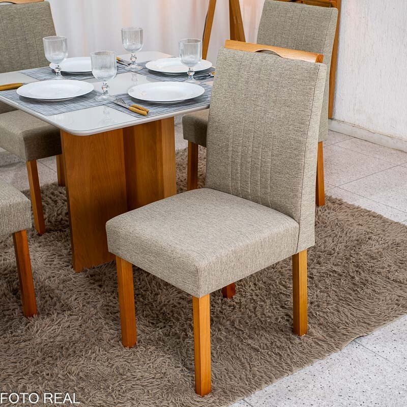 Mesa de Jantar Moscou 90x90 Vidro Off/Base Cinamomo + 4 Cad. Atlanta Linho Bege Cru Madeira Minas Plac - Entregue Montada - Imagem 4
