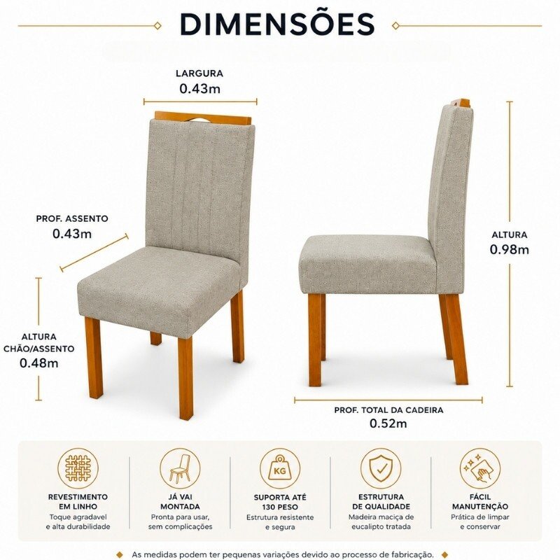 Mesa de Jantar Moscou 90x90 Vidro Off/Base Cinamomo + 4 Cad. Atlanta Linho Bege Cru Madeira Minas Plac - Entregue Montada - Imagem 7