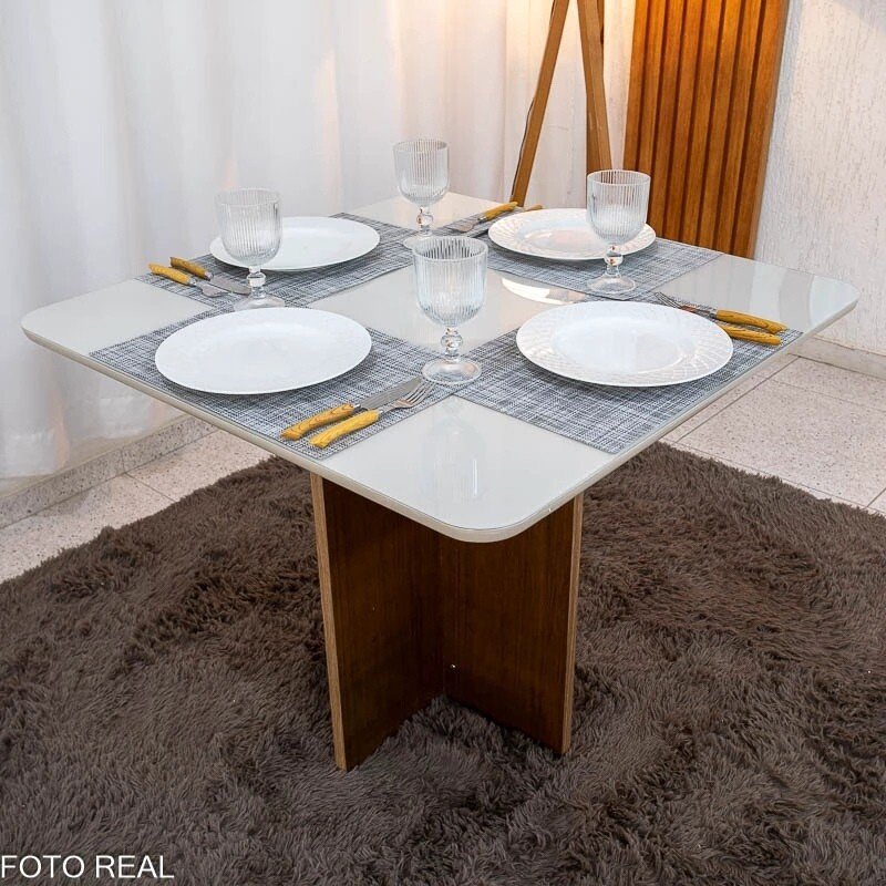 Mesa de Jantar Moscou 90x90 Vidro Off/Cinamomo Minas Plac + 4 Cadeiras Isabela Linho Cinza 05 Madeira Maciça KM Decor - Entregue Montada - Imagem 5
