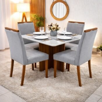 Mesa de Jantar Moscou 90x90 Vidro Off/Cinamomo Minas Plac + 4 Cadeiras Isabela Linho Cinza 05 Madeira Maciça KM Decor - Entregue Montada