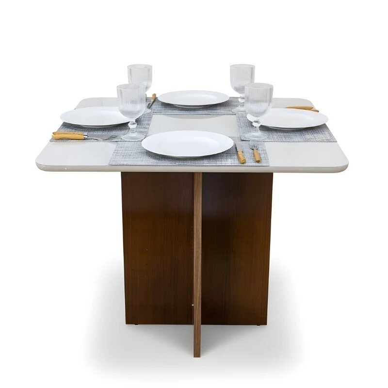 Mesa de Jantar Moscou 90x90 Vidro Off/Cinamomo Minas Plac + 4 Cadeiras Isabela Linho Cinza 05 Madeira Maciça KM Decor - Entregue Montada - Imagem 4