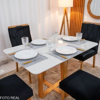 Alternative view of Mesa de Jantar Pedro 120×80 Vidro Off/Base Madeira + 4 Cad. Lisboa Veludo Preto 504 Madeira Art Assento - Entregue Montada