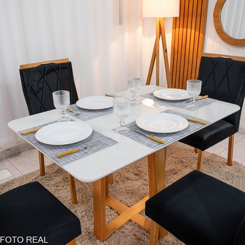Mesa de Jantar Pedro 120×80 Vidro Off/Base Madeira + 4 Cad. Lisboa Veludo Preto 504 Madeira Art Assento - Entregue Montada - Imagem 2